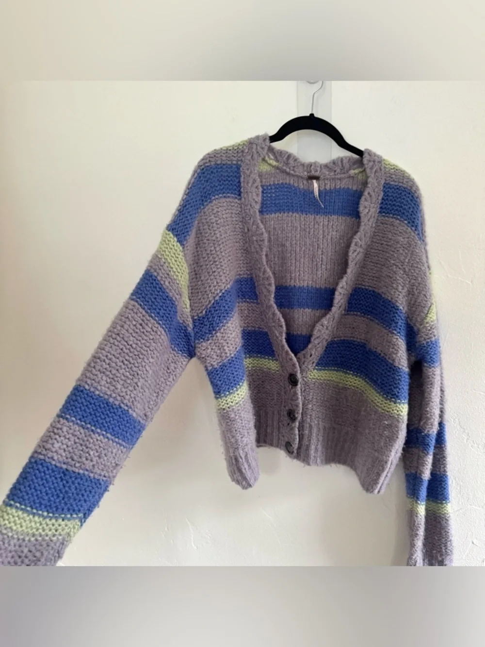 Free People Fine Time Stripe Alpaca Wool Blend Cardigan Sweater Chunky Knit Boho